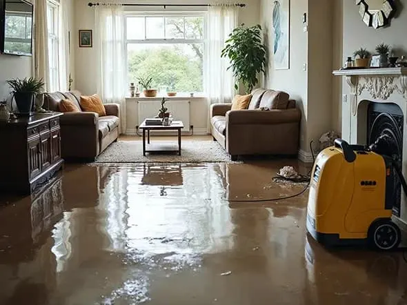An appliance supply line leak flooding a room floor in a Pomona, CA home
