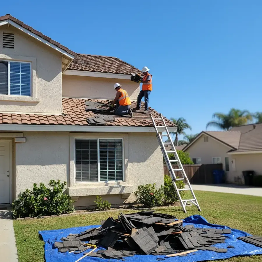 Roof and rain leak water damage crew on a Pomona, CA home