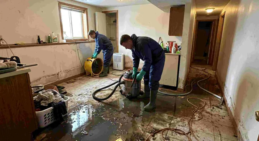 A technician extracting standing water from a flooded floor in a Pomona, CA home