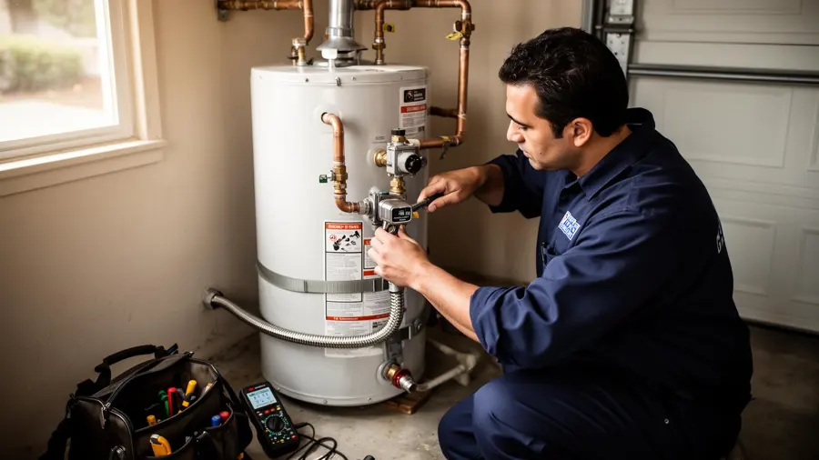 A failed water heater flooding a garage floor in Pomona, CA